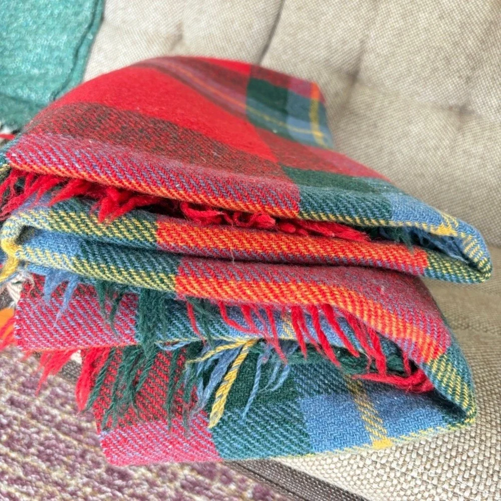 Vintage‎ Plaid Wool Blanket Throw Red Green Fringe Tartan Christmas Holiday